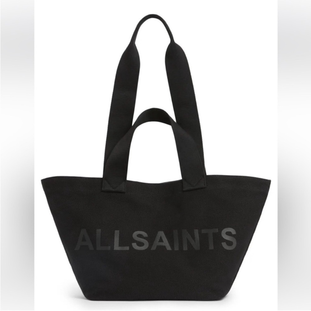 All Saints Black Canvas Logo Tote and Pouch with Dual Straps